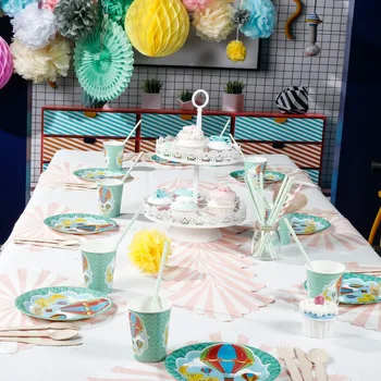 

Hot Air Balloon Paper Plates Cups Straws Kids Birthday Party Supplier Baby Shower Disposable Party Tableware Set For 8 pcs