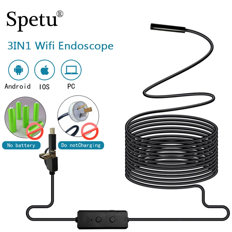 

Spetu 8mm Endoscope Camera No Battery Wifi and USB With Android IOS Endoscopio HD 720P Waterproof Inspection Borescope Tube Cam