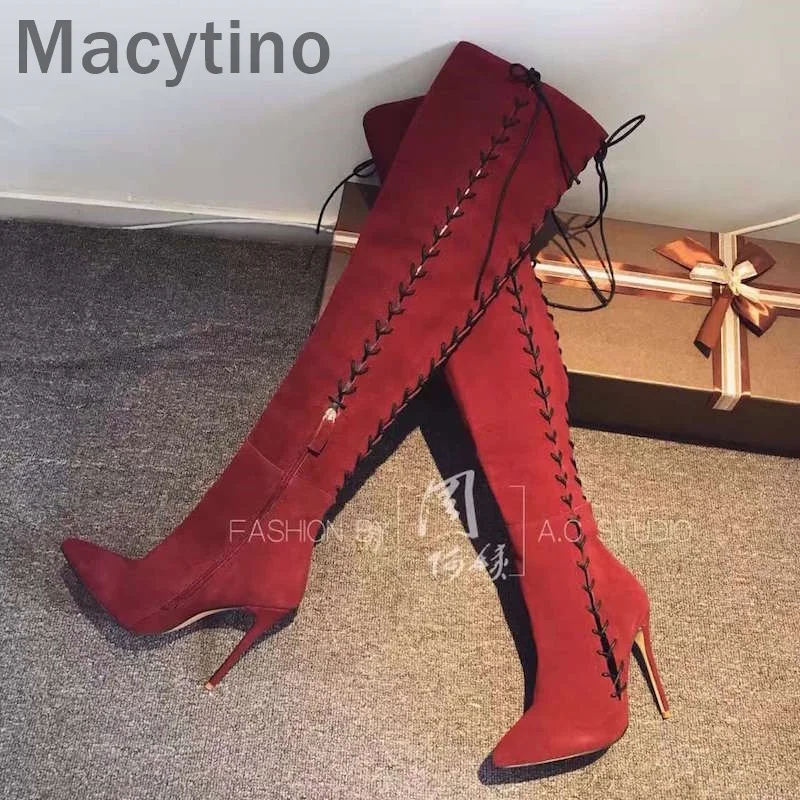 Sexy Suede Lace Up Over The Knee Boots For Women Red Wine Pointed Toe Lace Up High Heels Tall Boots