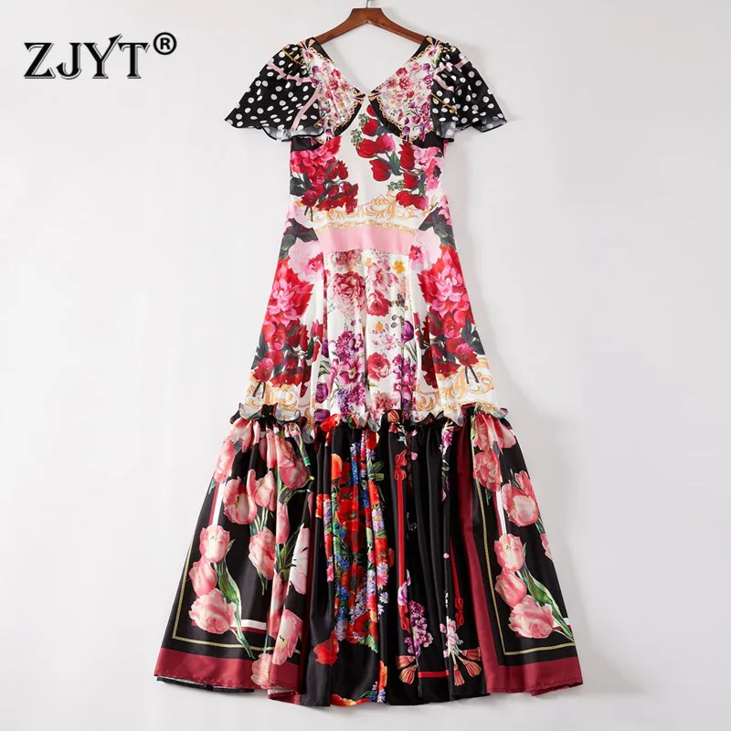 

2019 Summer Designer Runway Maxi Dress Women Elegant V Neck Short Sleeve Floral Print Floor Length Evening Party Dresses Vestido