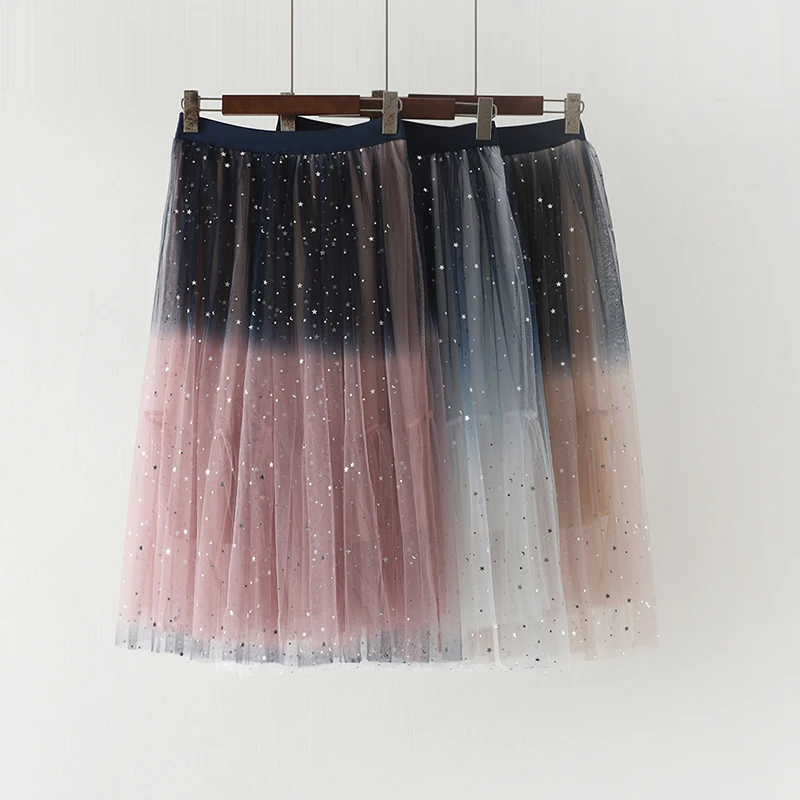

Starry Sequins Gradient Mesh Women Skirt High Waist Patchwork Casual Streetwear Vintage Korean A Line Summer Maxi Skirts