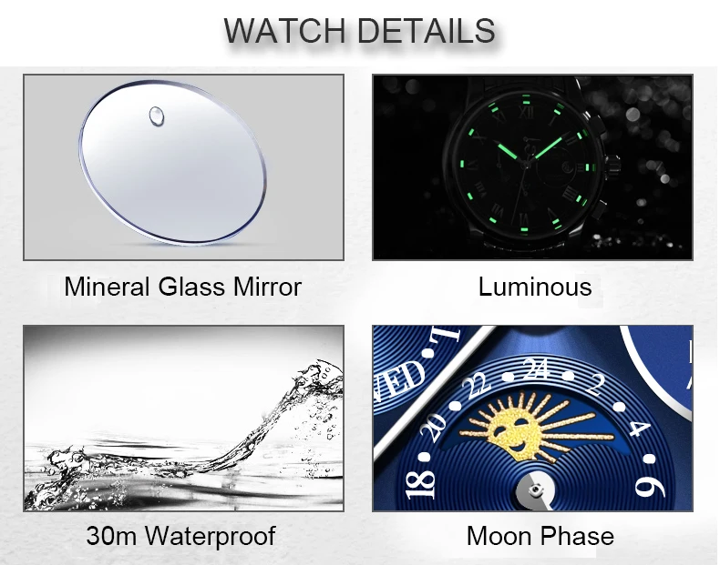 Карнавальные механические часы, мужские многофункциональные часы с фазой Луны, календарем, месяцем недели, водонепроницаемые автоматические мужские часы, мужские часы