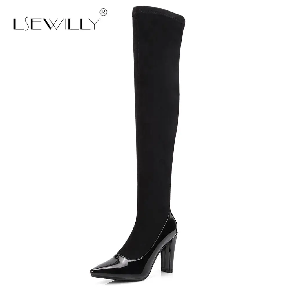 

Lsewilly Women Elastic Boots Thigh High Boots Sexy Stretch Over The Knee High Boots Black Slim High Heels Pointed Toe Boots S704