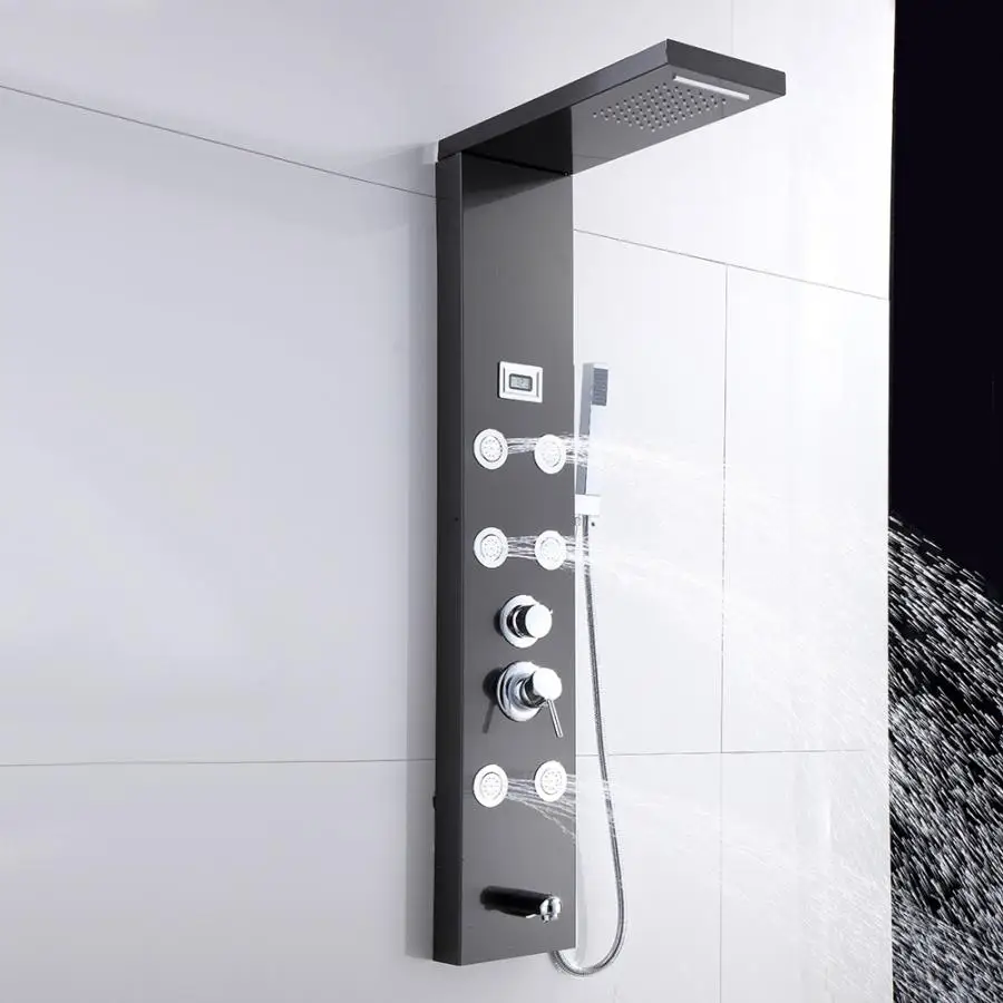 Нержавеющая сталь ванная комната душевая панель черная Колонка Смеситель 6 струи с дисплеем температуры