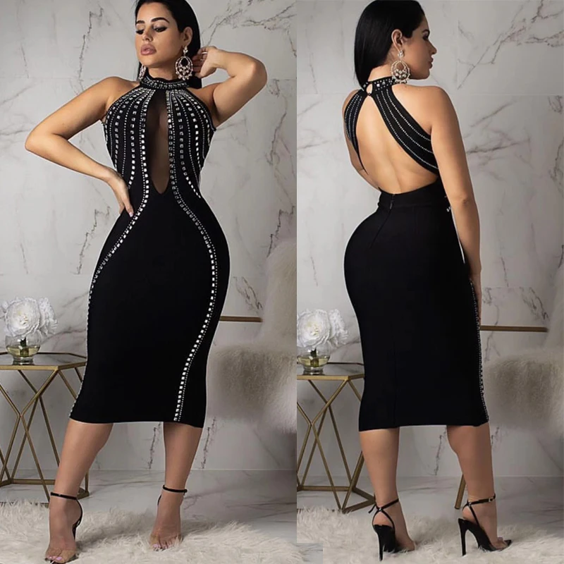 

2019 new high quality summer women black crystal diamonds back open bandage dress Sexy evening Party dress wholesale