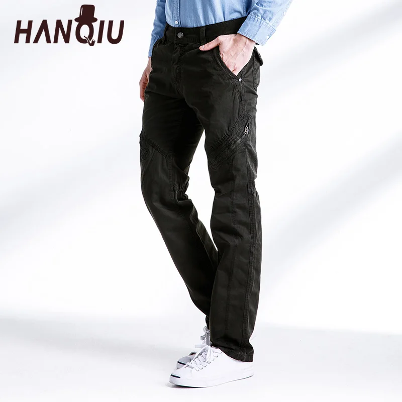 HANQIU 2019 модные брюки-карго мужские однотонные средние талии чистый хлопок повседневные боковые на молнии зауженный мужские тактические
