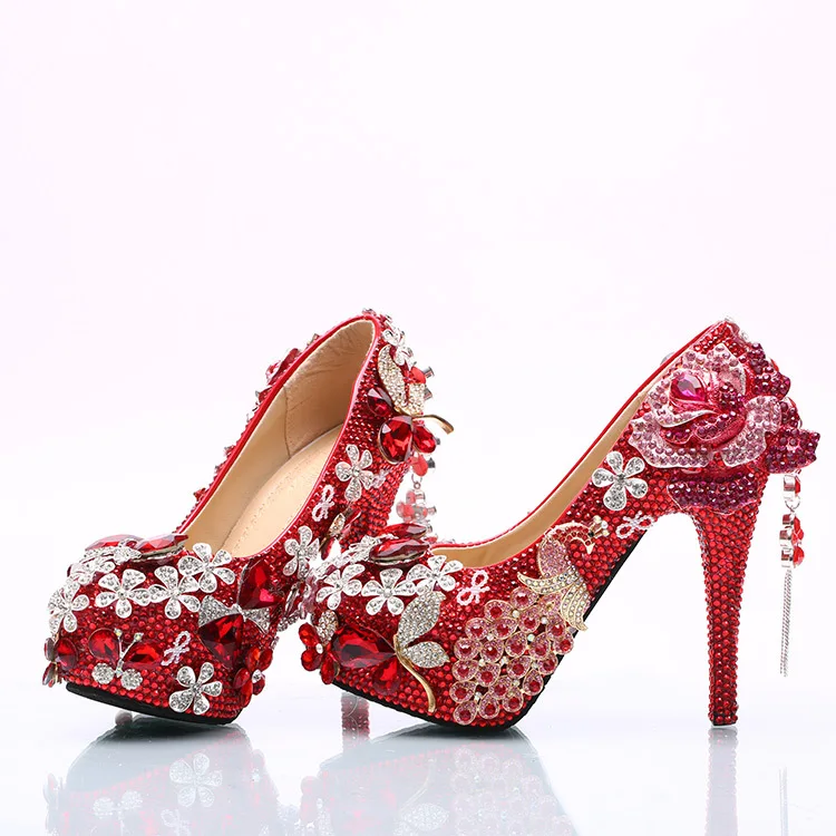 Женские свадебные туфли на очень высоком каблуке, Роскошные туфли-лодочки с украшением в виде феникса и цветов, украшенные кристаллами