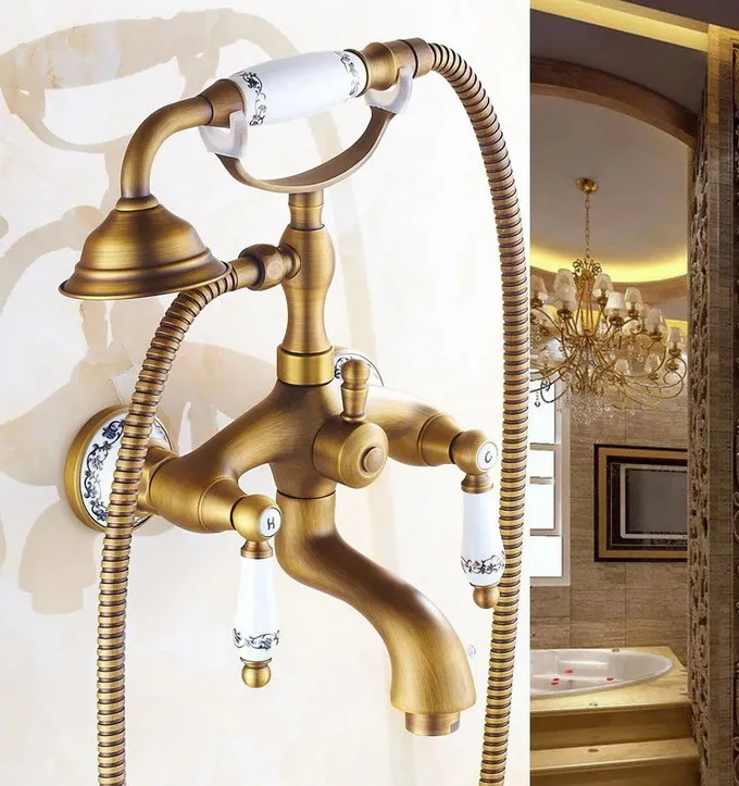 

Antique Brass Wall Mounted Bathroom Tub Faucet Dual Ceramics Handles Telephone Style Hand Shower Clawfoot Tub Filler atf310