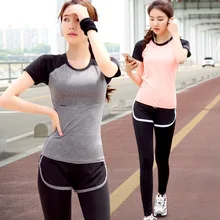 Для женщин Йога комплект спортивной костюм спортивный костюм наряд 2 предмета Бег Топ Колготки для новорождённых Фитнес короткий рукав Футболка поддельные из двух частей Брюки для девочек