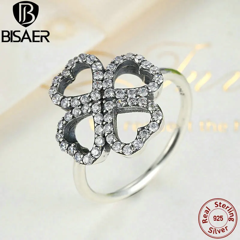 

BISAER Real 925 Sterling Silver Finger Ring Love Clover Petal Clear CZ Female Rings for Women Wedding Engagement Jewelry GO7175