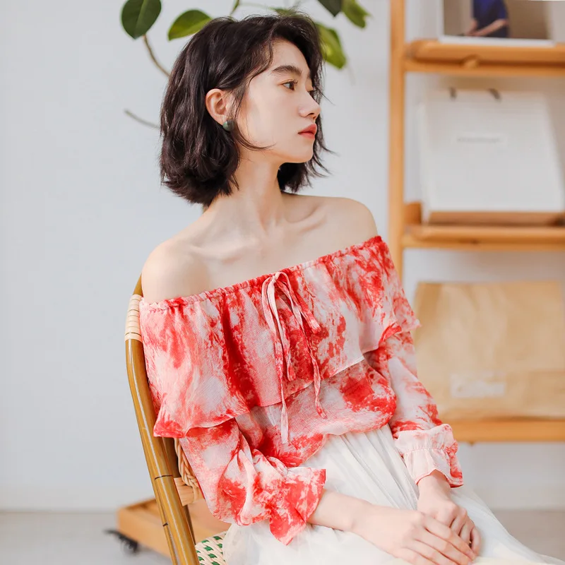 summer-chiffon-shirt-chic-strapless-slash-collar-ruffled-printing-loose-blouse-women-temperament-three-quarter-sleeve-top-h9174