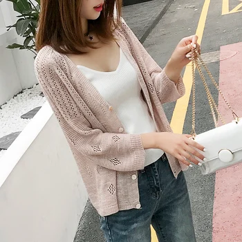 

Spring Autumn Fashion Women Tops Sunscreen Clothing Air-Conditioned Sweater Thin Hollow Out Cardigan Knitted Sweater