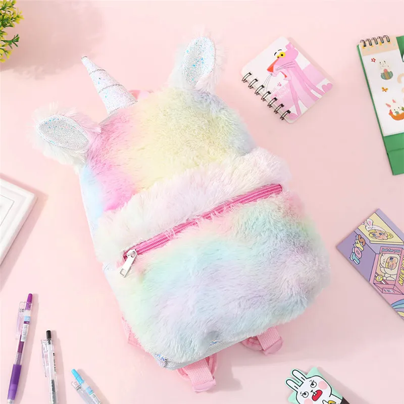 

Cute Kids Girls Unicorn Backpack Shoulder Bag Soft Rainbow Plush Backbag Women Travel Bags Student School Book Bag Kids Gift