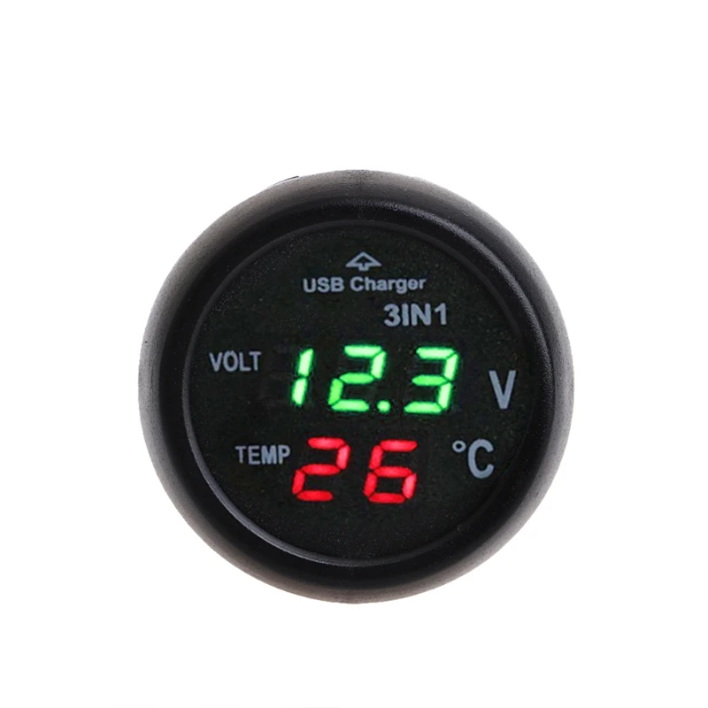 3 в 1 Автомобильный цифровой светодиодный USB Автомобильное зарядное устройство сигарета Вольтметр термометр Напряжение измеритель температуры монитор