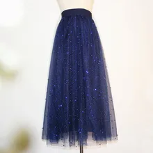 ; сезон весна-осень; блестящая юбка голубого цвета для девочек; эластичная резинка на талии; удлиненная юбка средней длины; XHSD-3134