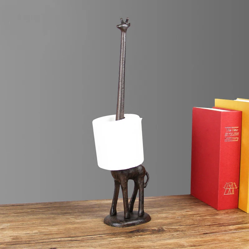 

European Rustic Giraffe Figurines Design Tabletop Cast Iron Roll Tissue Paper Holder