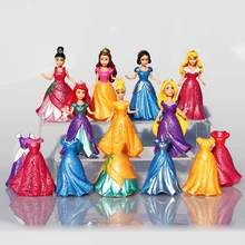 14 pçs/set Princesa Branca de Neve Cinderela Sereia Anime PVC Figure Set Com Magia Clipe Vestido de Brinquedo Do Bebê Brinquedos Para Meninas 9 cm