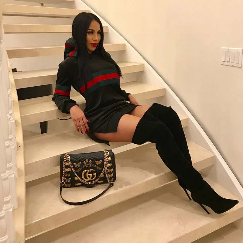 2017 Autumn Winter Casual Sweatshirt Dress Women Long Sleeve Black Striped Mini Hoodies Dresses Female Pullover Christmas Vestidos Hooded05