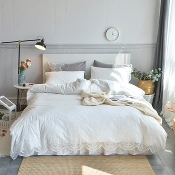 

Free shipping via UPS 100%cotton solid color simple princess lace bed skirt 4pcs bedding set full queen king size MR