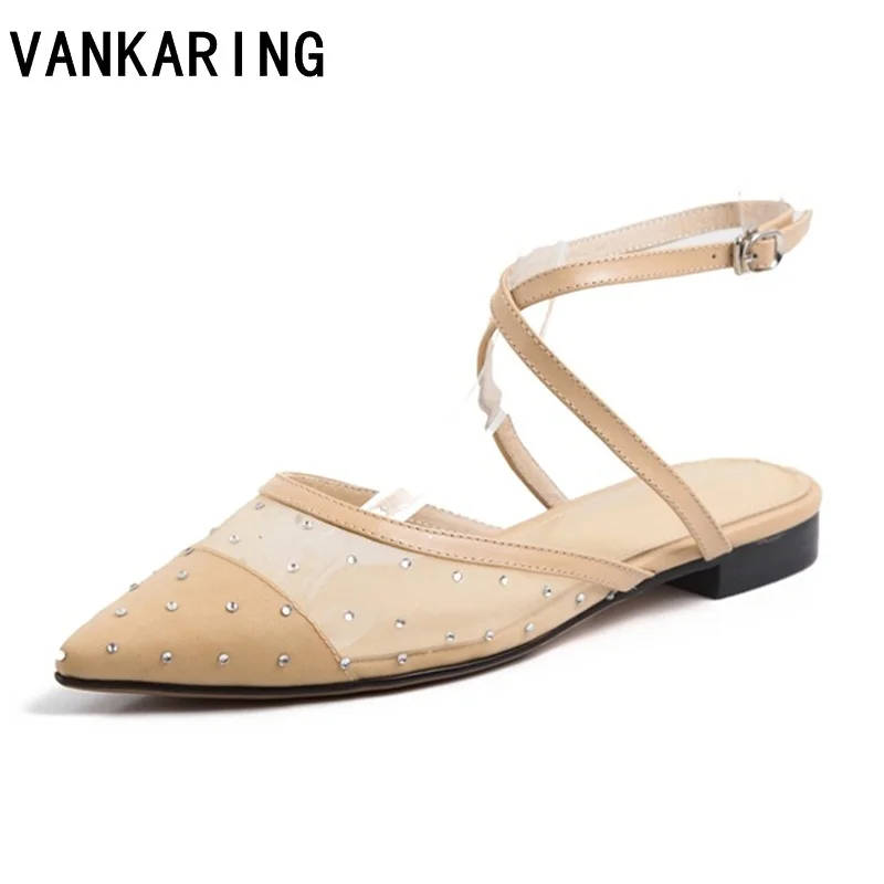 

new fashion crystal leather air mesh pumps sexy pointed toe flat sandals women party wedding slippers lady sandals zapatos mujer
