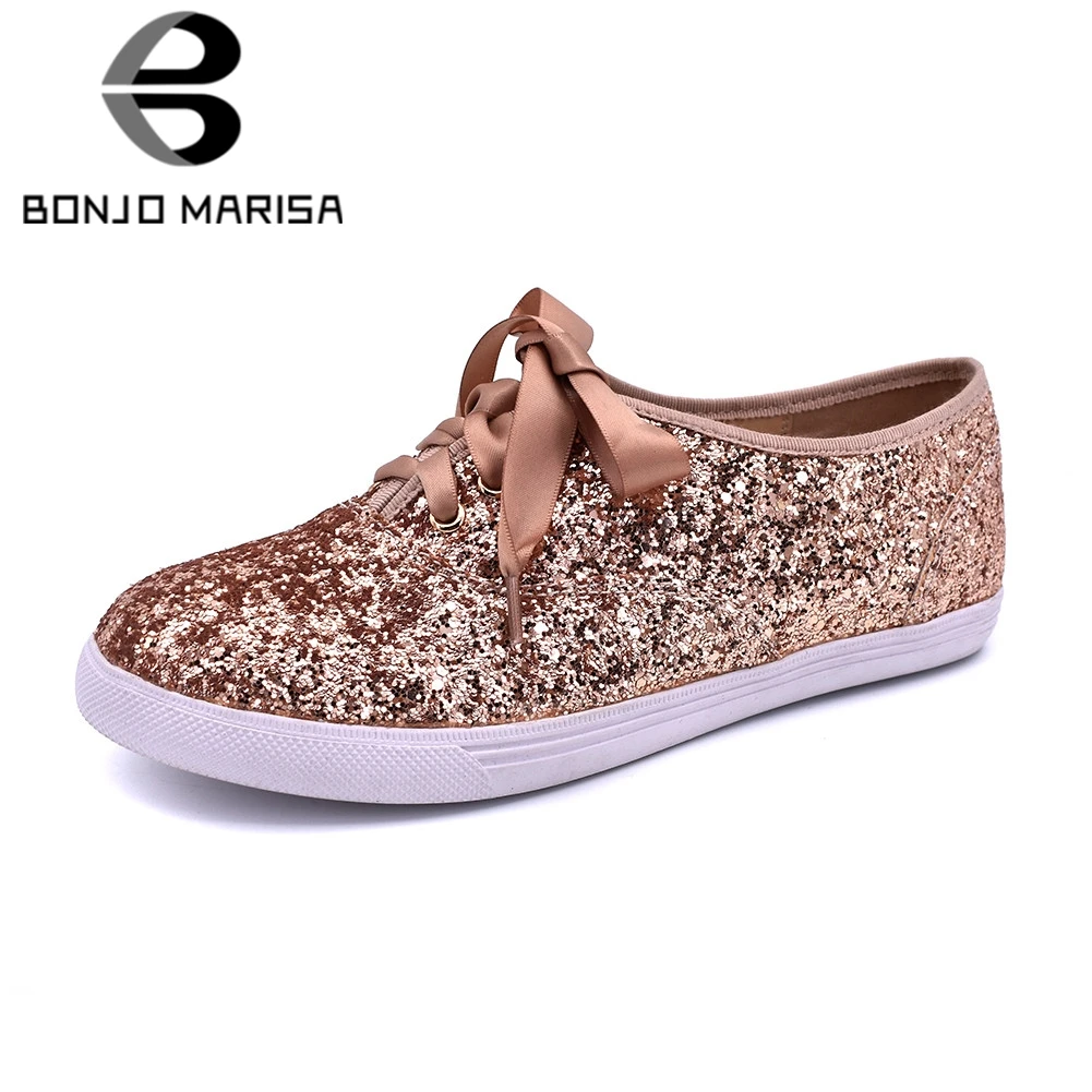 

BONJOMARISA New Fashion Solid Bling Solid Lace Up Shallow Round Toe Shoes Woman Students Casual Spring Autumn Flats Size 35-40