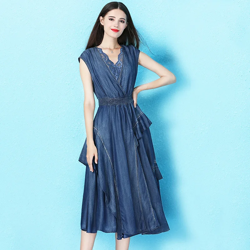 Blue jeans jurk tube maxi plus size vrouwen strand lange Tencel casual shirt jurken 2019 zomer fem me sexy slanke lotusblad Rand