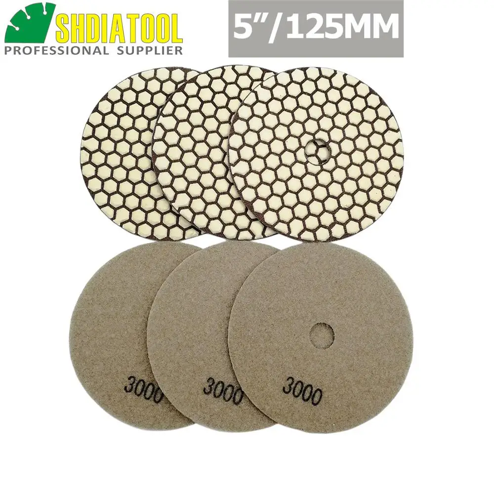 SHDIATOOL 6pcs 125mm #3000 Diamond Dry Polishing Pads Diameter 5inch Resin Bond Flexible Sanding Disc For Granite Marble Ceramic shdiatool 2pcs 5 8 11thread diameter 5 8 16mm vacuum brazed diamond dry core bits drilling bit ceramic marble granite hole saw