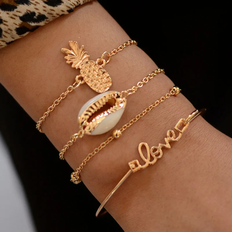 

4 pcs/set Pineapple Sea Shell Charm Bracelets for Women Gold Link Chain Friendship Braclets Boho Love Letter Bracelets for Girls