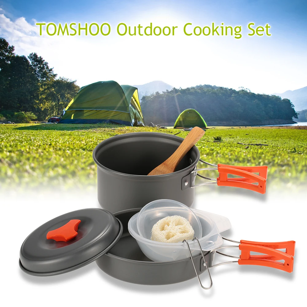 2016 El más nuevo TOMSHOO 6 unids/set acampar al aire libre senderismo utensilios de cocina mochila cocina Picnic tazón olla Pan establecido para cocinar al aire libre