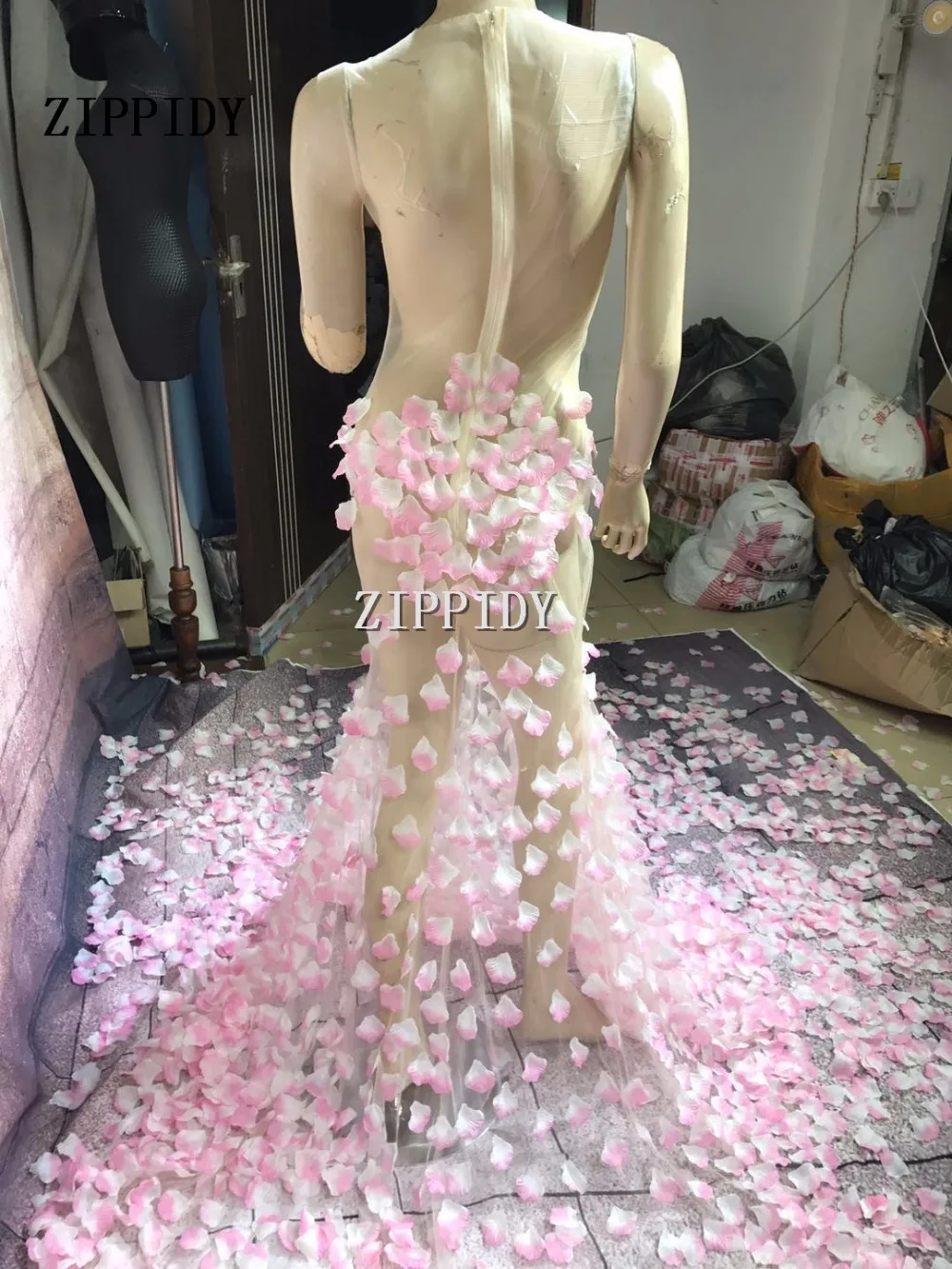 Сексуальное розовое Цветочное платье, костюм, цельное вечернее платье с длинным шлейфом, праздничная одежда, одежда для выступлений певицы