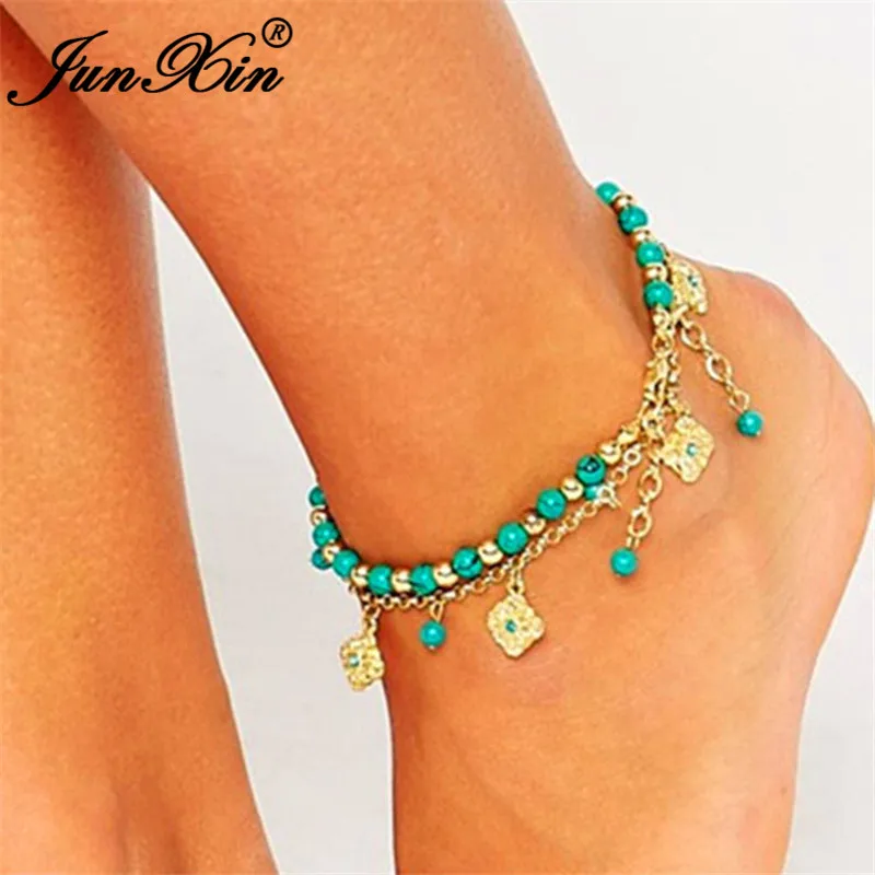 JUNXIN Boho двухслойные ножные браслеты на босую ногу для Для женщин желтый маленький золотого цвета синий бисер ботильоны с кисточками Браслеты пляжные украшения