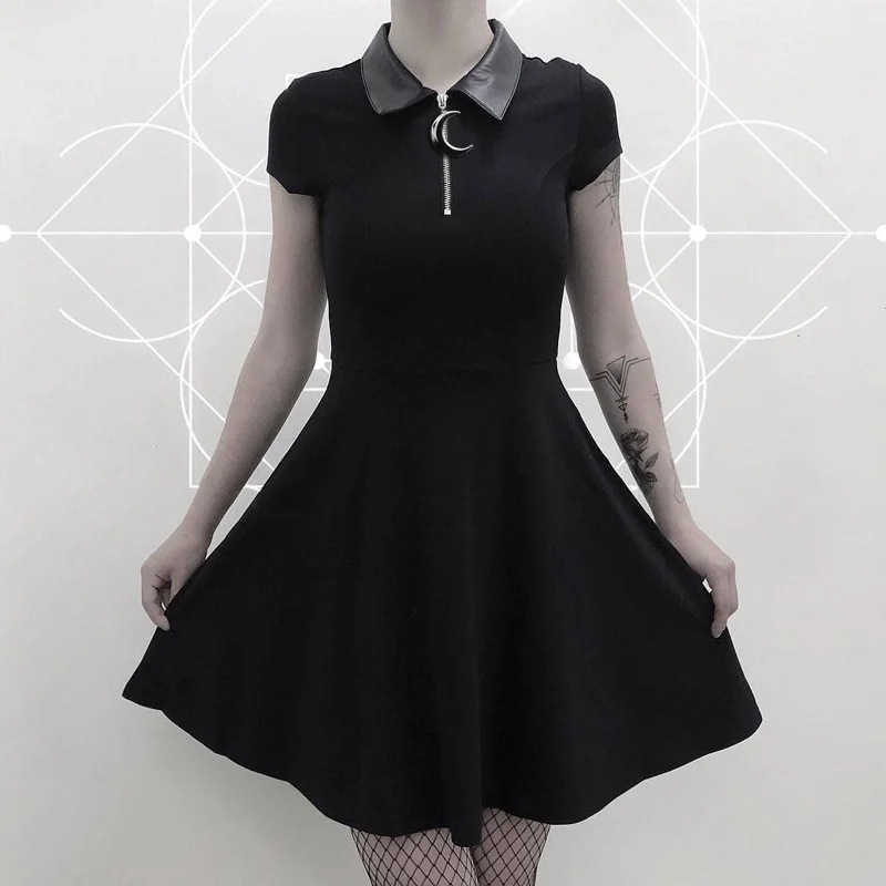 

2019 Summer Women Mini Dress Peter Pan Collar Punk Black Casual Dress for Gothic Girl Short Sleeve Goth Mini Dresses