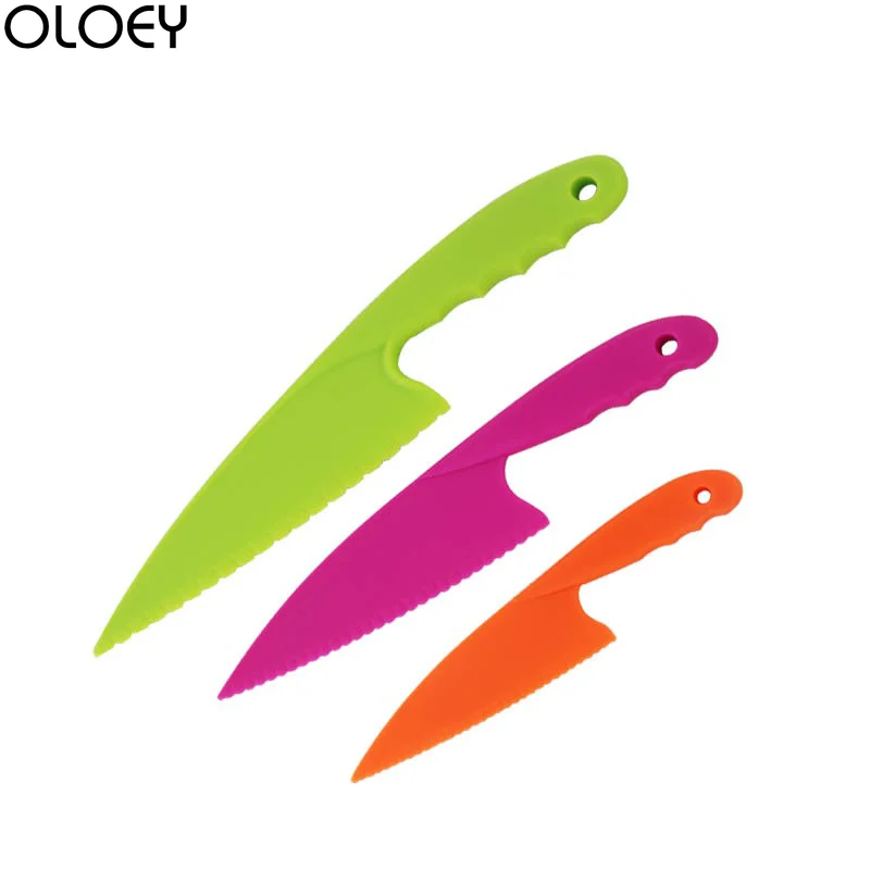 

OLOEY Kitchen Knife For Kids Safety Knife 3PC Lettuce Salad Knife Serrated Plastic Cutter Slicer Cake Bread Cook Children DIY