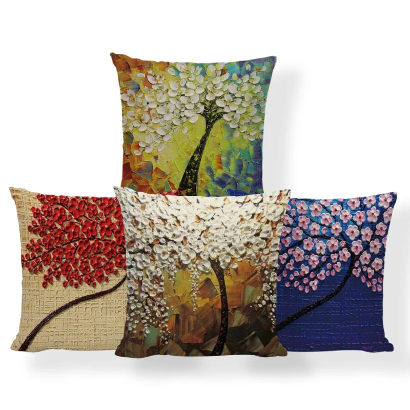 

Plant Cherry Blossoms Cushion Flowers Painting Pillow Cushion Art Dorm Decorativa Throw Pillow Cases 18 Inch Polyester Romantic