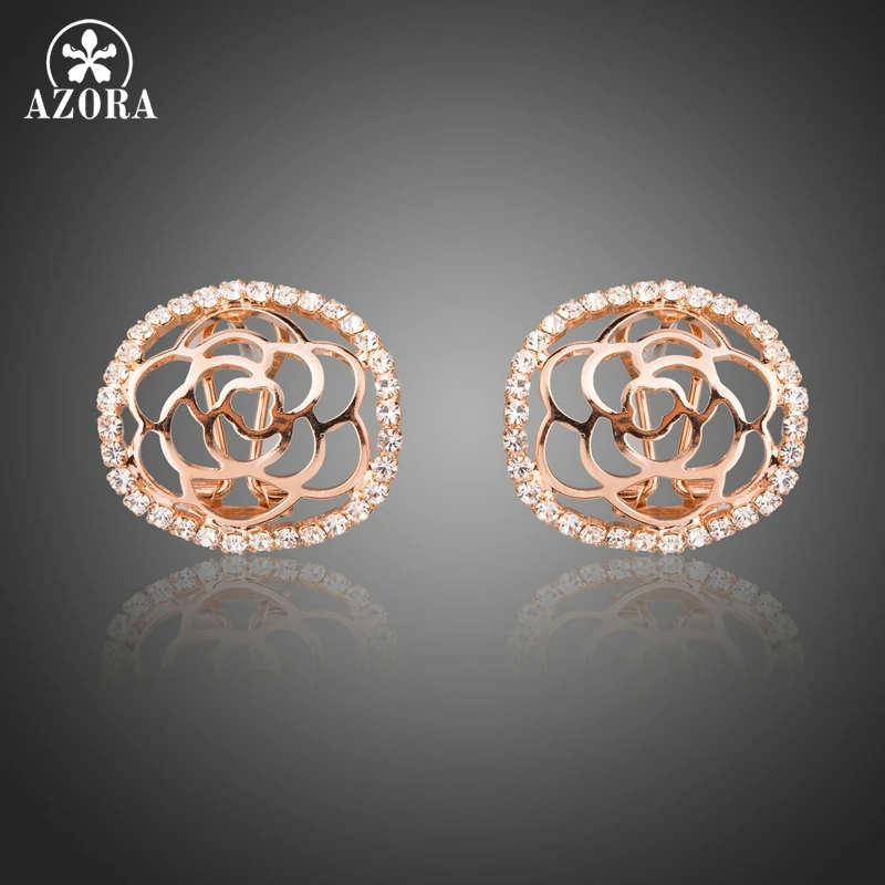 

AZORA Rose Gold Color Round Hollow Flower Carving Arc Face Stellux Austrian Crystal Clip-on Stud Earrings TE0283