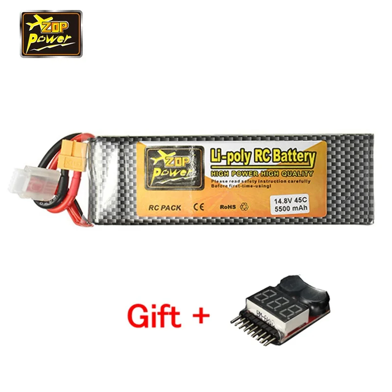 

ZOP Power 14.8V 5500mAh 4S 45C Rechargeable Lipo Battery XT60 Plug Connector With One Remote Battery Monitor Testor Indicator