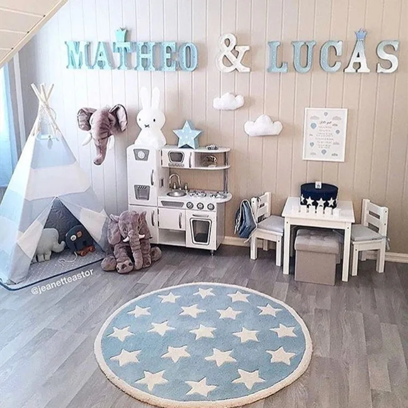 

INS Nordic Play Mat Soft Comfortable Game Mats Blue Stars Round Carpet Rugs Crawling Blanket Floor Carpet Toy Room Decoration