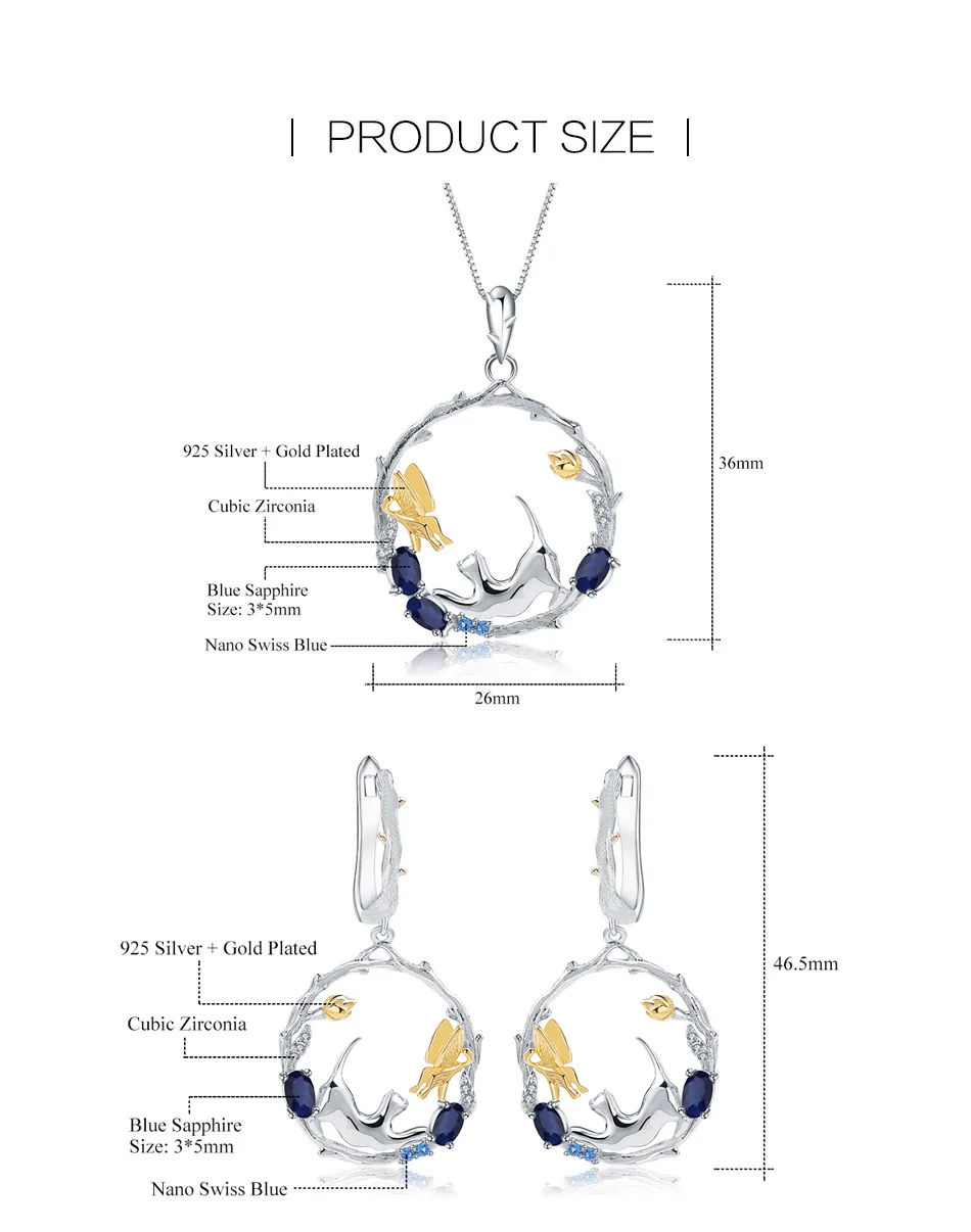 GEM'S балет Натуральный Синий сапфир ручной работы Кот и Купидон комплект ювелирных изделий 925 пробы Серебряное кольцо серьги кулон наборы для женщин