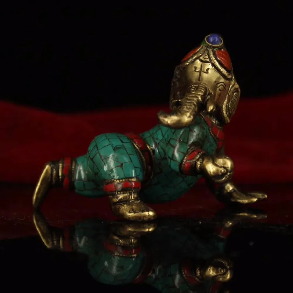 

Long 9CM Collection original Tibetan handmade turquoise Copper Baby elephant God sculpture