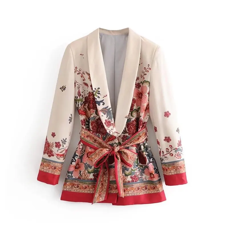 

Jacket women's new autumn clothing European and American style printing casual suit fashion jacket ladies with belt