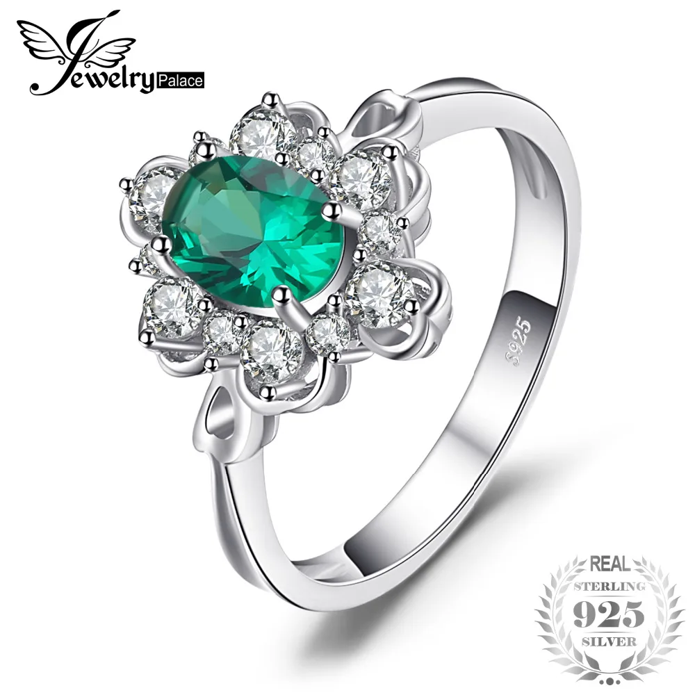

JewelryPalace Elegant Oval Created Green Emerald Solitaire Anniversary Promise Ring Solid 925 Sterling Silver For Women