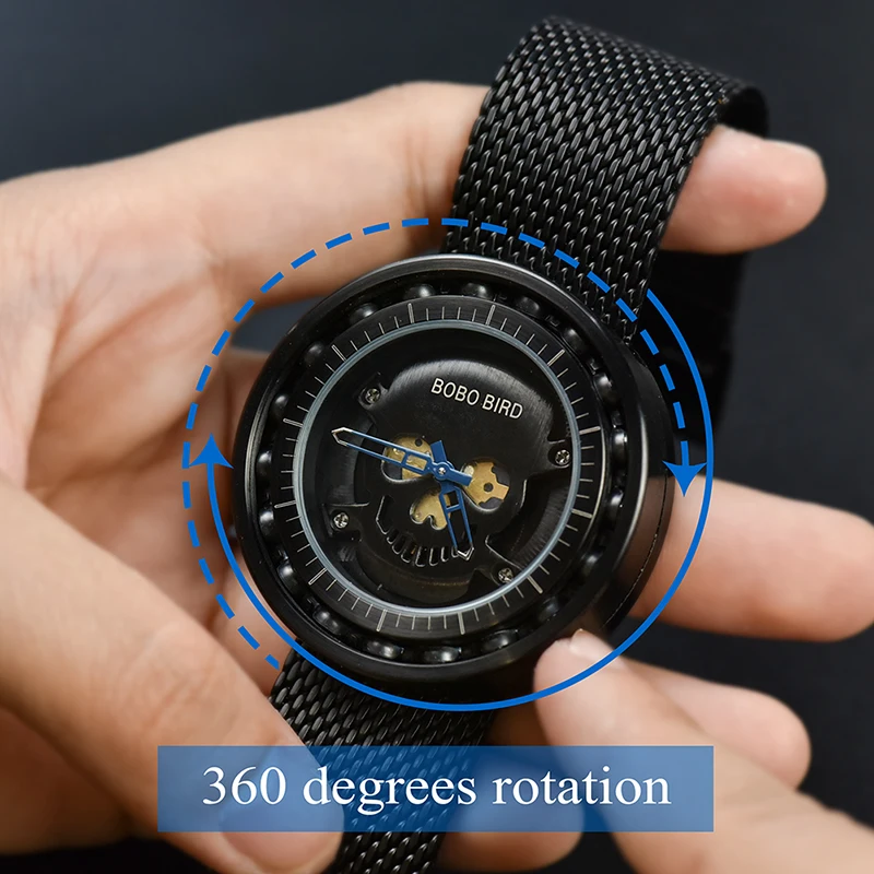 BOBO BIRD Business Swiss Movement Men Watch Rotation Dial Skull Face Timepiece drop ship L-Q21
