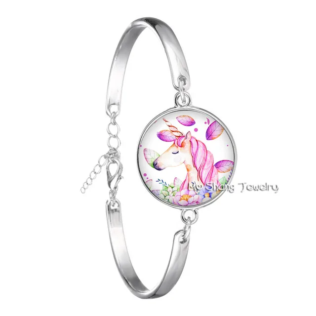 Womens Bracelet Cute Unicorn Fly Horses Glass Cabochon Bracelet Jewely Best Gift for Kids Boy or Girl Silver Color Animal Bangle