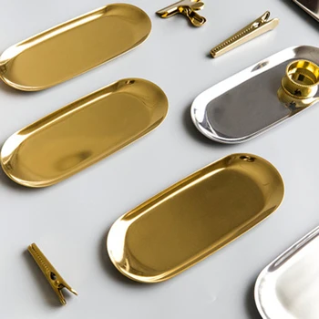 

Nordic Rose Gold Metal Storage Tray Luxurious Brass Gold Silver Oval Plate Iron Fruit Plate Jewelry Display Tray for Home Decor