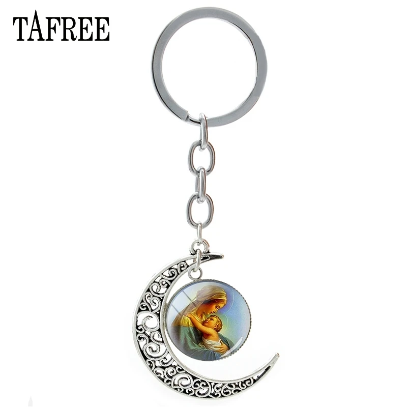 

TAFREE Catholic Virgin Mary Angel Keychain Moon Pendant Keyring Jesus Photo Glass Gems Key Chain Jewelry MY04