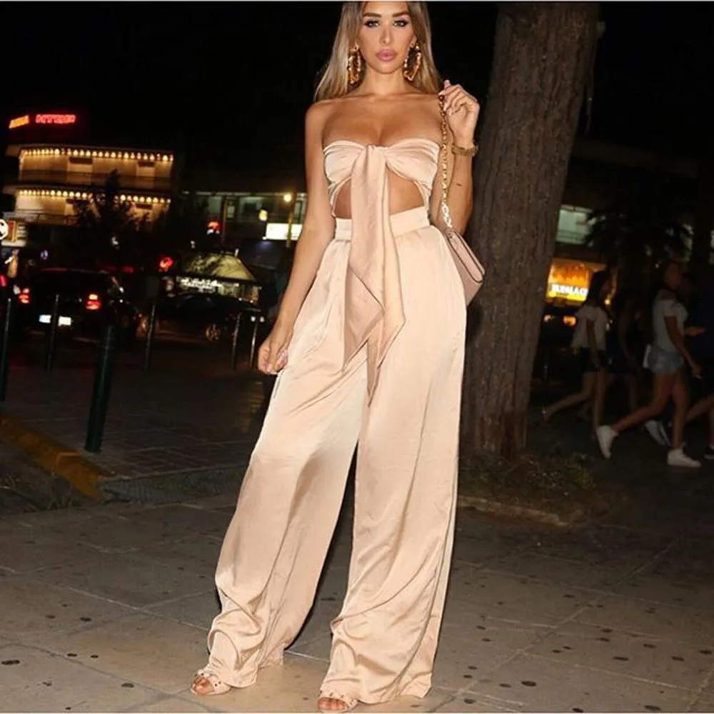 

2018 Womens Vintage Crop Top And Elegant Wide Leg Pants Two Piece Sets Solid Sexy Strapless Lace Up Satin Suits