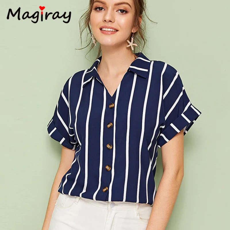  Magriay White Blue Striped Blouses Women Button Collared Batwing Sleeve Korean Elegant Chic Casual 