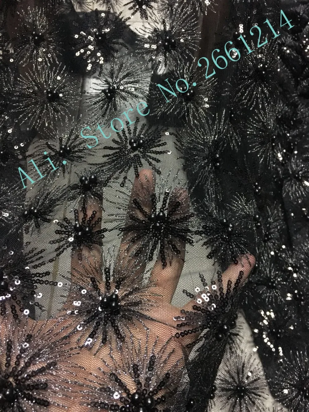 Акций высокого качества черный цвет блесток Роскошные сетки Французский кружевной ткани с бисером для нарядное платье/распиловки