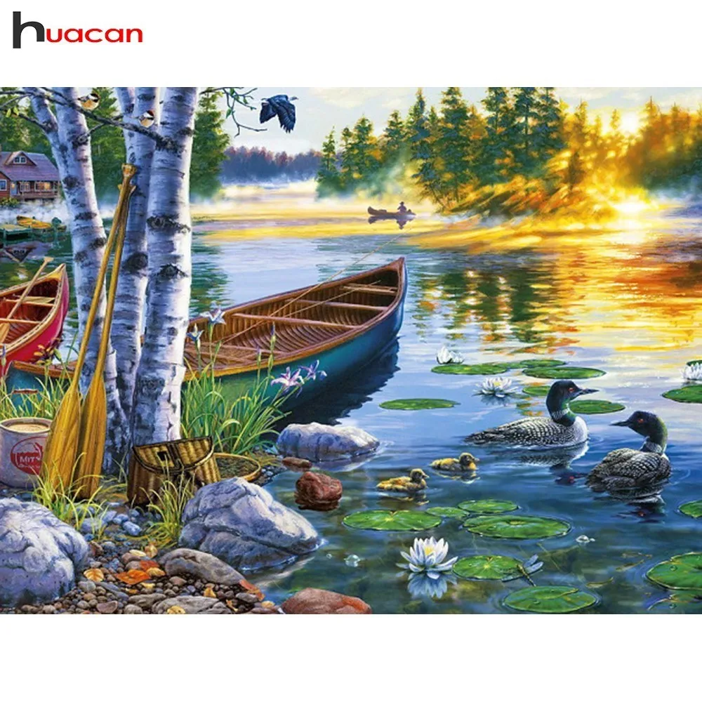 

HUACAN Diamond Mosaic Landscape Full Drill Diamond Paintings Boat Diamond Embroidery Cross Stitch Picture Of Rhinestones Hobby