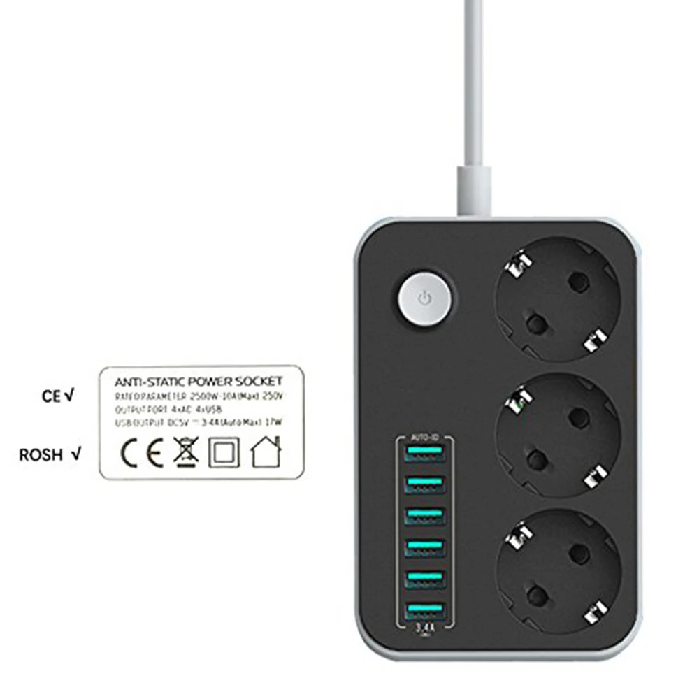 Сетевой фильтр 3 EU штепсельная розетка переменного тока с USB 6 портами настенное зарядное устройство адаптер питания док-станция 5V 3.4A 1.6ft удлинитель